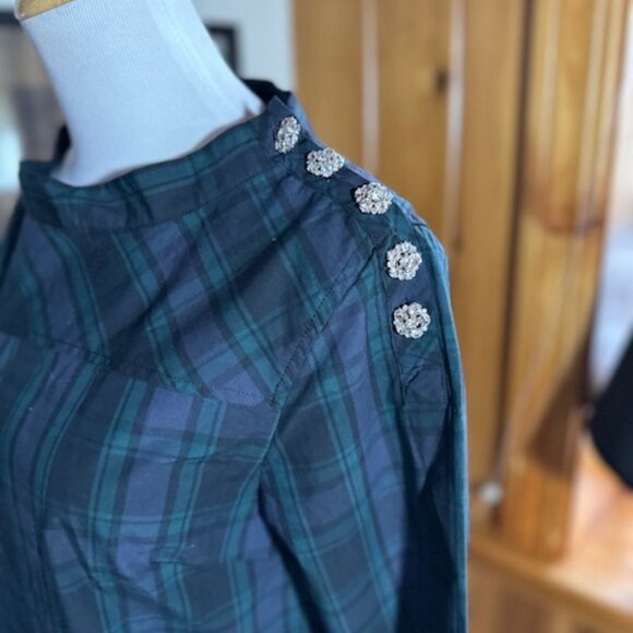 J. CREW Navy Green Blackwatch Tartan Plaid Crystal Buttons Blouse Shirt – 0 - Picture 3 of 11